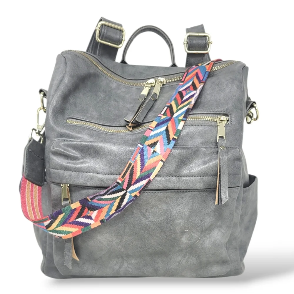 Grey Convertible Backpack Purse with reversible strap
